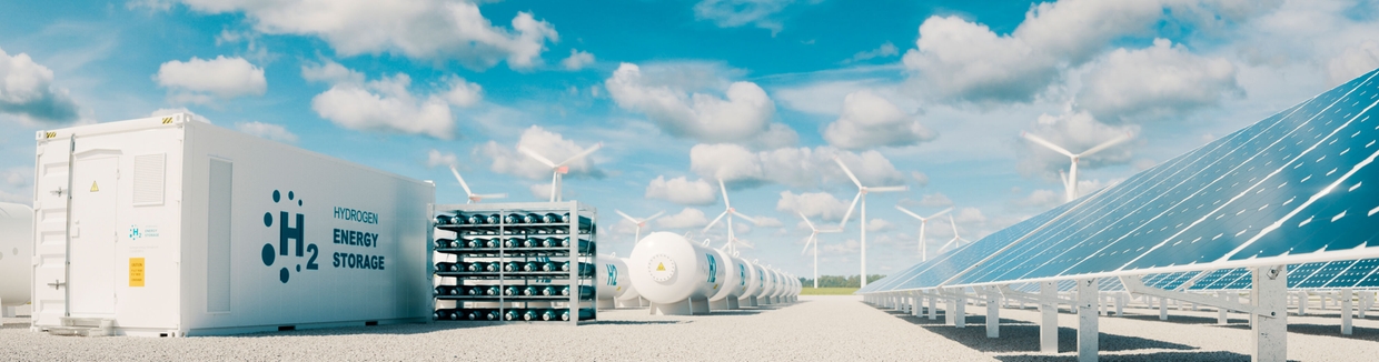 Modernes Wasserstoff-Energiespeichersystem mit Solarkraftwerk und Windkraftanlage