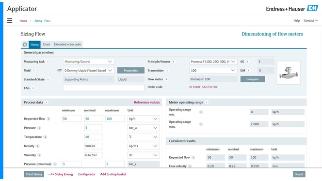 Screenshot von Applicator für die Dimensionierung der Messgeräte.