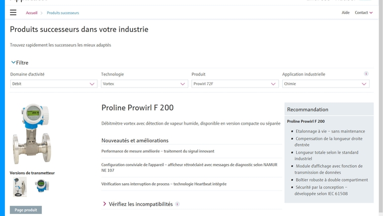 Recherche simple des produits successeurs avec Applicator d'Endress+Hauser Recherche simple des produits successeurs avec Applicator d'Endress+Hauser