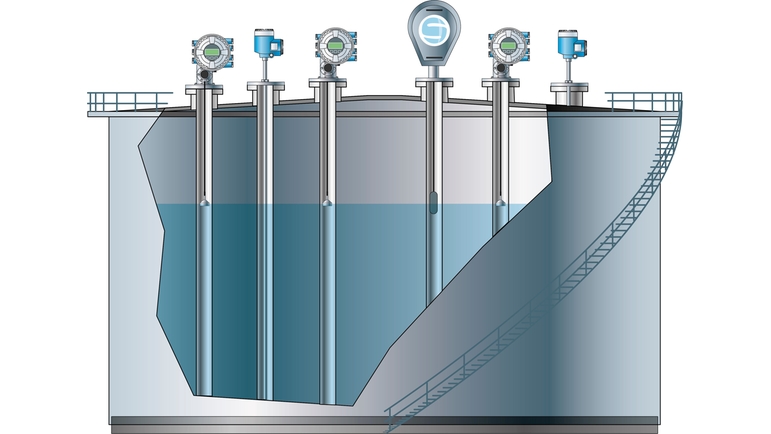 Graphic of an LNG storage tank with tank gauging instrumentation
