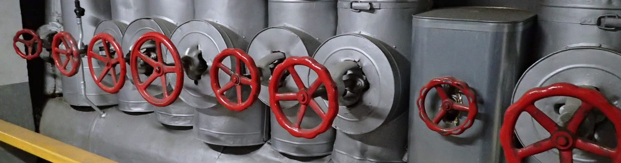 Picture of a steam distribution system showing steam pipes and valves