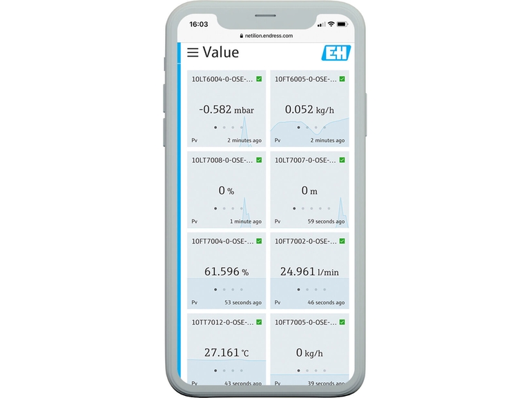 Netilion Value : capture d'écran mobile de l'interface du service de suivi des données IIoT