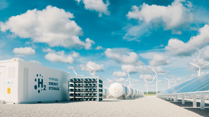 Modernes Wasserstoff-Energiespeichersystem mit Solarkraftwerk und Windkraftanlage