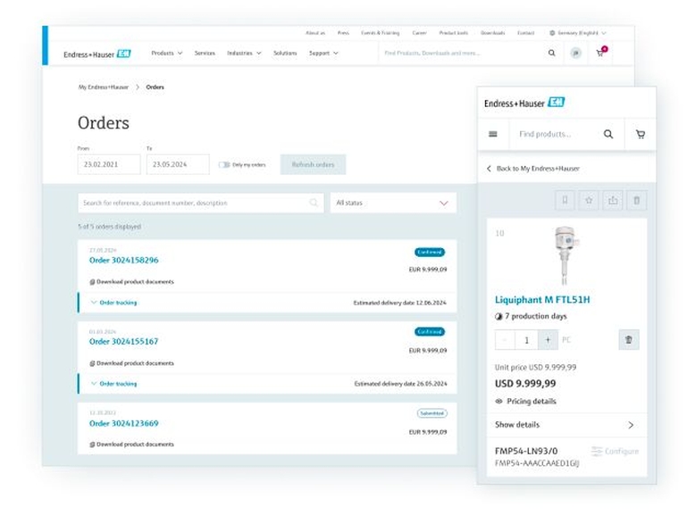 Mein Endress+Hauser Transaktionen/E-Commerce-Funktionen